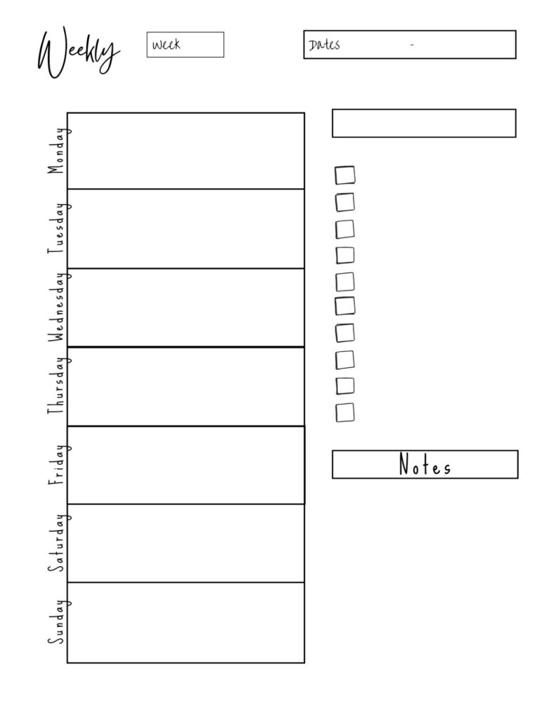 Weekly calendar insert for bullet journal